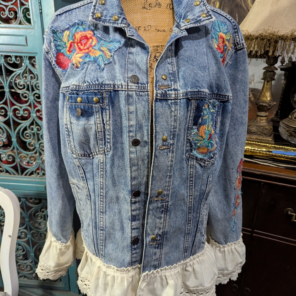 Embroidered Denim Jacket with Ruffle Hem